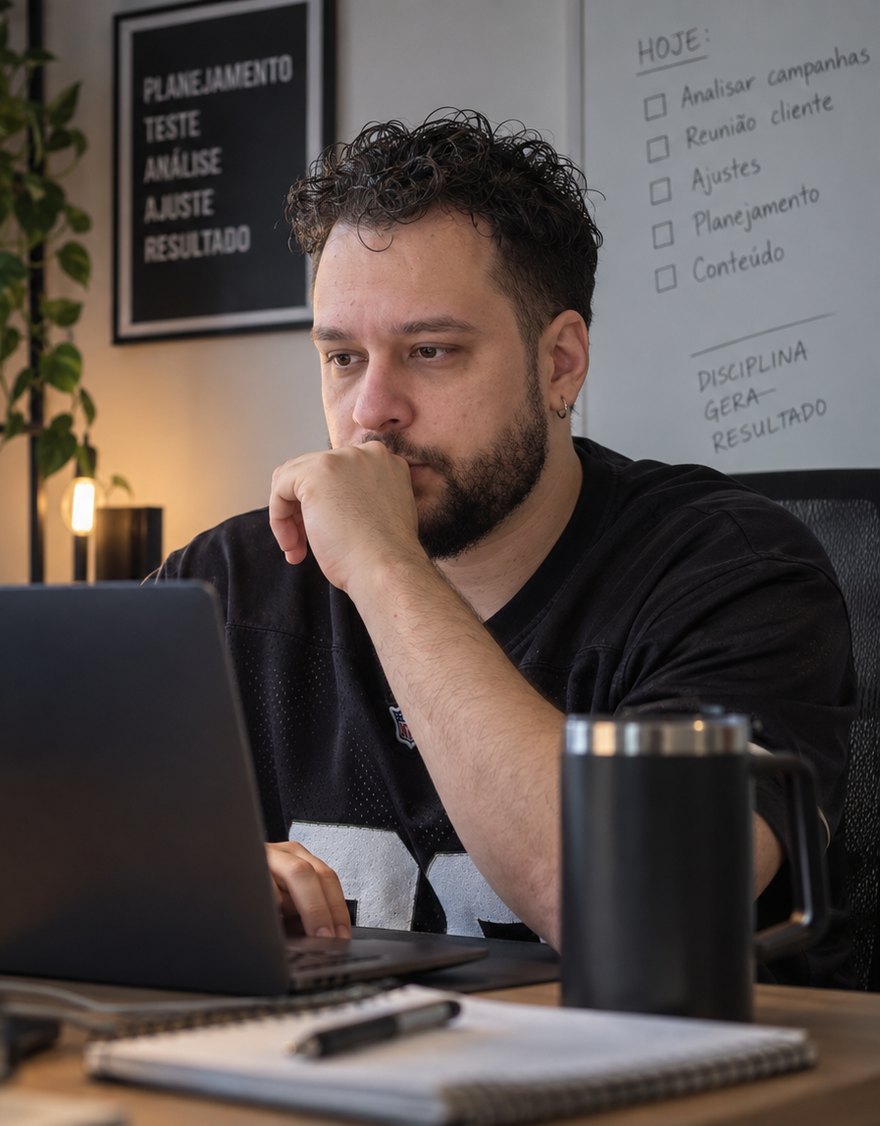 Túlio Canhestro analisando campanhas no escritório, com uma lousa de tarefas do dia ao fundo